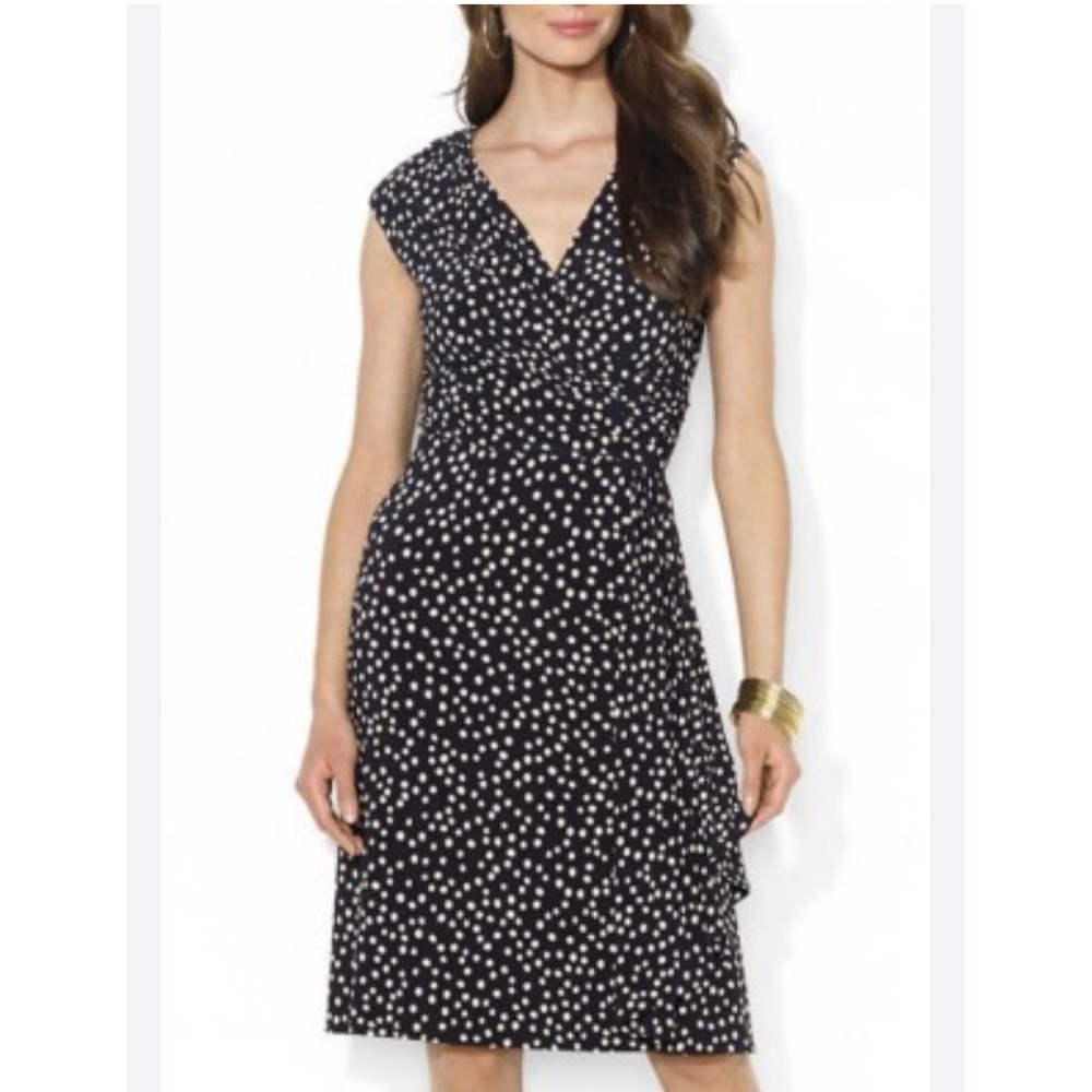 Lauren Ralph Lauren Dress 14W Black Beige Polka Dot Faux Wrap Sleeveless Midi